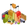 Isometric travel vector illustration. Luggage, suitcases, backpack and hike accessorises