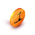 Isometric Treadmill machine icon isolated on white background. Orange circle button. Vector