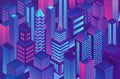 Isometric trendy violet blue gradient color city template illustration of cryptography, online electronic finance and