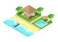 Isometric tropical beach with a cozy bungalow