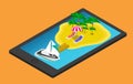 Isometric tropical island on mobile phone or tablet.