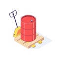 Isometric truck pallet with barrels. 3d pallets cargo goods fuel benzin petrol gas and combustible vector illustration