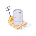 Isometric truck pallet with barrels. 3d pallets cargo goods fuel benzin petrol gas and combustible vector illustration