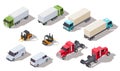 Isometric truck. Transportation trucks with container and van, lorry and loader. Vector 3d vehicles collection Royalty Free Stock Photo