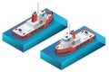 Isometric tugboat. A tugboat or tug is a marine vessel that manoeuvres other vessels by pushing or pulling them, with