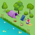 Isometric turistic camp or campground with tent and campfire. The girl works on a laptop, which is connected to a solar