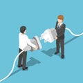 Isometric two businessmen connecting plug together. Royalty Free Stock Photo