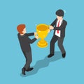 Isometric two businessmen fighting for winner trophy.