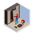 Isometric two carpenters workers joint and settle home built-in cupboard. Installation of white corner sliding wardrobe