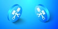 Isometric Two crossed engine pistons icon isolated on blue background. Blue circle button. Vector Royalty Free Stock Photo