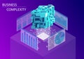 Digital business complexity concept. 3d isometric vector illustration with floating complex multi-faceted cube Royalty Free Stock Photo