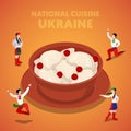 Isometric Ukraine National Cuisine with Vareniki and Ukrainian People in Traditional Clothes