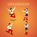 Isometric Ukrainian Dancing People in Traditional Clothes