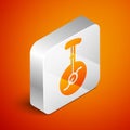 Isometric Unicycle or one wheel bicycle icon isolated on orange background. Monowheel bicycle. Silver square button