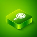 Isometric Unknown search icon isolated on green background. Magnifying glass and question mark. Green square button Royalty Free Stock Photo