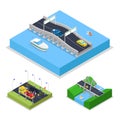 Isometric Urban Bridge Road with Cars and Boat. City Traffic Royalty Free Stock Photo