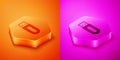 Isometric USB flash drive icon isolated on orange and pink background. Hexagon button. Vector