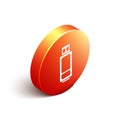 Isometric USB flash drive icon isolated on white background. Orange circle button. Vector Illustration Royalty Free Stock Photo