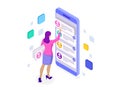 Isometric ux app development and holding smartphone. User experience. Website design and development. Royalty Free Stock Photo