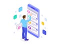 Isometric ux app development and holding smartphone. User experience. Website design and development. Royalty Free Stock Photo