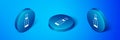 Isometric Vape liquid bottle for electronic cigarettes icon isolated on blue background. Blue circle button. Vector Royalty Free Stock Photo