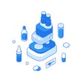 Isometric various chemical medications around modern microscope Royalty Free Stock Photo