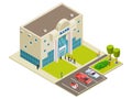 Isometric vector bank location with people, cars and security