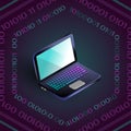 Isometric vector blank laptop in hexagonal binary code frame Royalty Free Stock Photo