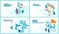 Isometric vector collage set for online medical services, healthcare insurance, imaging diagnostics and doctor communication