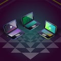 Isometric vector colorful three laptops isolated on shri yantra background