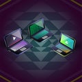 Isometric vector colorful three laptops isolated on sriyantra background