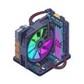 Isometric vector of a computer processing unit with a glowing RGB fan illustration Royalty Free Stock Photo