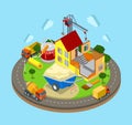 Isometric vector construction industry: building process, house