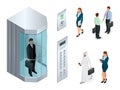 Isometric vector design of the elevator with people inside and button panel. Realistic empty elevator hall interior with Royalty Free Stock Photo