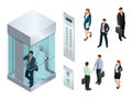 Isometric vector design of the elevator with people inside and button panel. Realistic empty elevator hall interior with Royalty Free Stock Photo