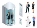 Isometric vector design of the elevator with people inside and button panel. Realistic empty elevator hall interior with