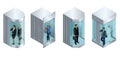 Isometric vector design of the elevator with people inside and button panel. Realistic empty elevator hall interior with