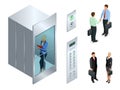 Isometric vector design of the elevator with people inside and button panel. Realistic empty elevator hall interior with