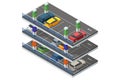 Isometric vector design of a multi-level parking structure featuring cars on different floors, color-coded sections, and