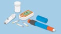 Isometric vector diabetes diagnostic set. Glucometer, test strips and lancet.