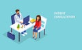 Isometric vector of a doctor consulting a female patient in clinic office