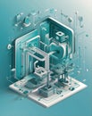 Isometric Vector Flowchart with Gears and Checkmarks for Process Improvement