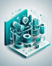 Isometric Vector Flowchart with Gears and Checkmarks for Process Improvement