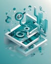Isometric Vector Flowchart with Gears and Checkmarks for Process Improvement