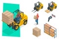 Isometric vector forklift truck isolated on white. Storage equipment icon set. Forklifts in various combinations Royalty Free Stock Photo