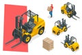 Isometric vector forklift truck isolated on white. Storage equipment icon set. Forklifts in various combinations