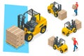 Isometric vector forklift truck isolated on white. Storage equipment icon set. Forklifts in various combinations Royalty Free Stock Photo