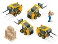 Isometric vector forklift truck isolated on white. Storage equipment icon set. Forklifts in various combinations