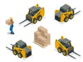 Isometric vector forklift truck isolated on white. Storage equipment icon set. Forklifts in various combinations