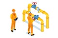 Isometric vector of a gas industry maintenance men opening or closing pipeline valve